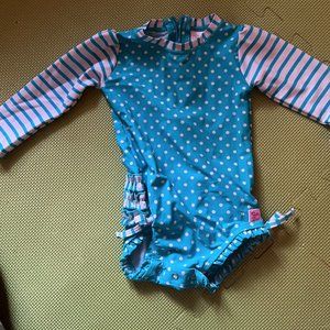 Ruffle Butts Infant Girls Teal Swimsuit Polka Dot Long Sleeve Rash Guard 18-24M